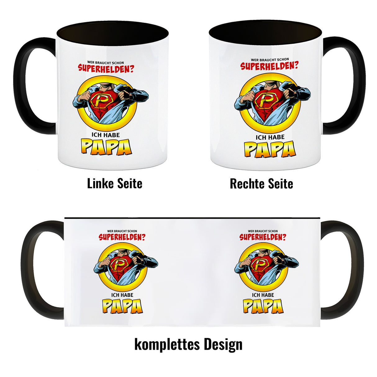 Kaffeebecher Comic mit Spruch - Wer braucht schon Superhelden? Ich habe Papa
