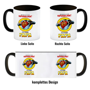 Kaffeebecher Comic mit Spruch - Wer braucht schon Superhelden? Ich habe Papa