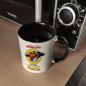 Kaffeebecher Comic mit Spruch - Wer braucht schon Superhelden? Ich habe Papa