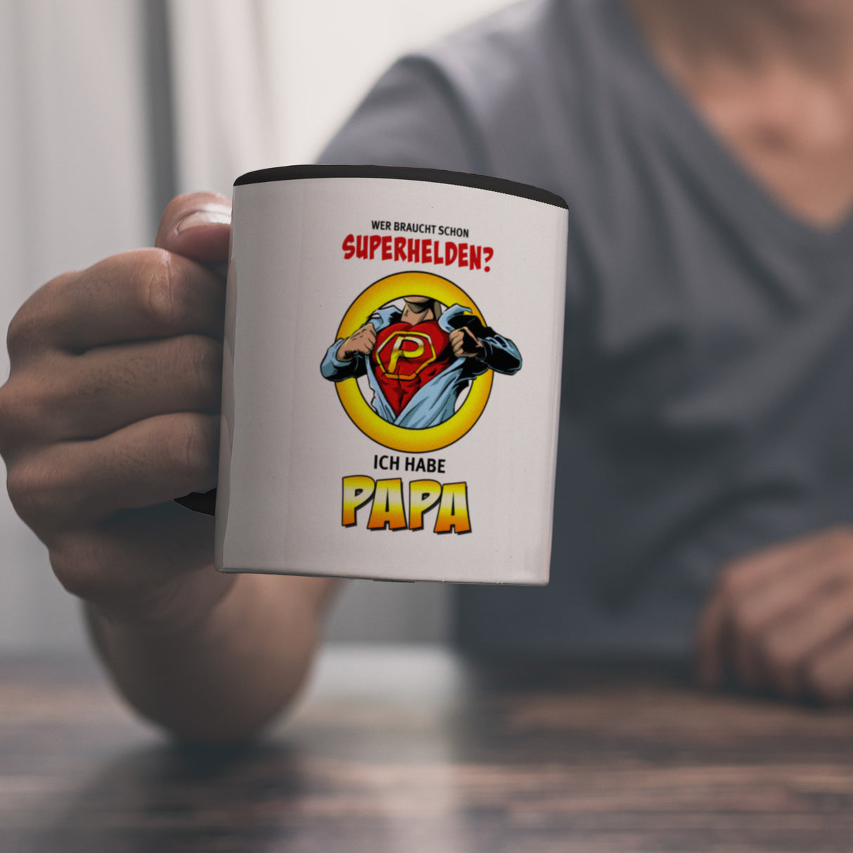 Kaffeebecher Comic mit Spruch - Wer braucht schon Superhelden? Ich habe Papa