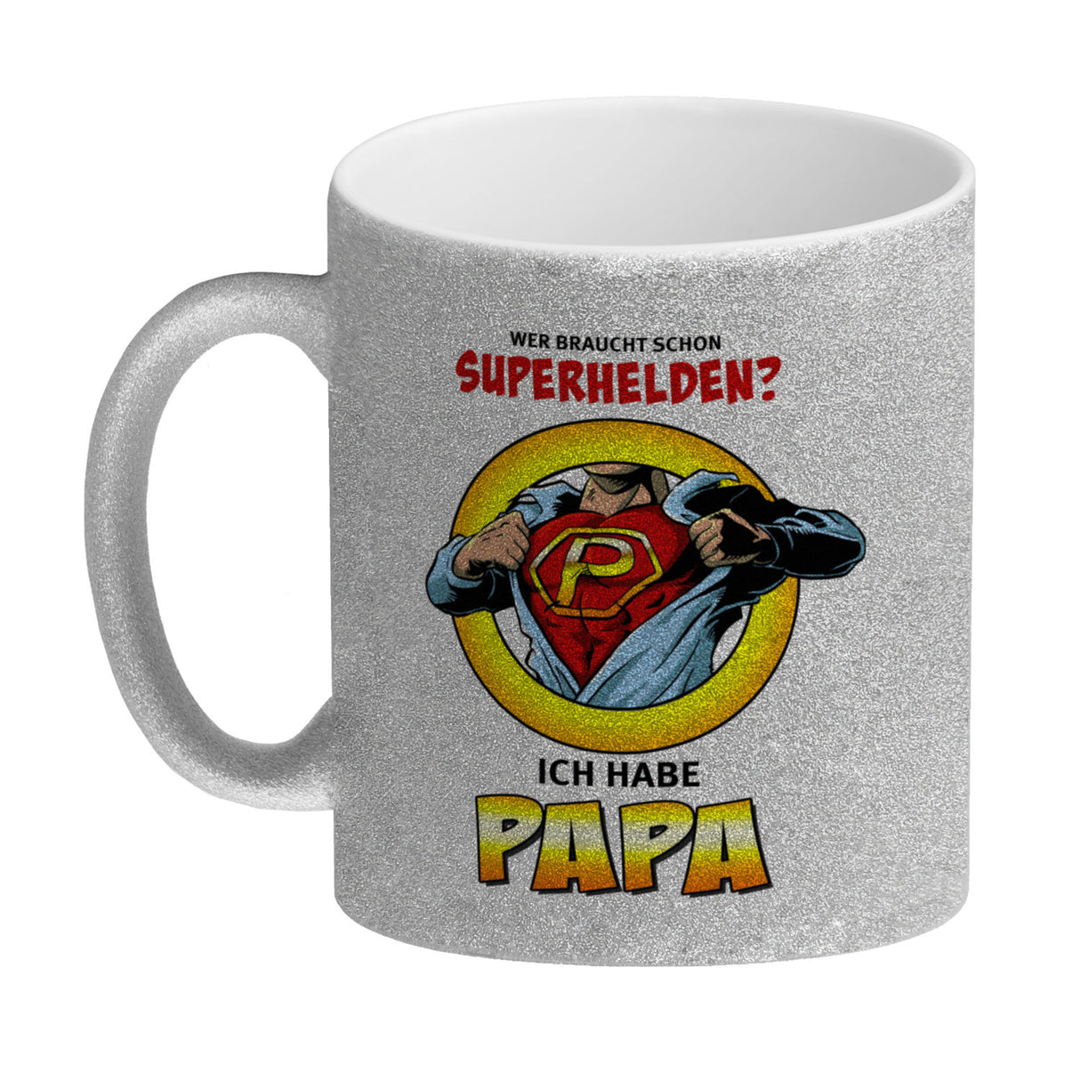 Kaffeebecher Comic mit Spruch - Wer braucht schon Superhelden? Ich habe Papa