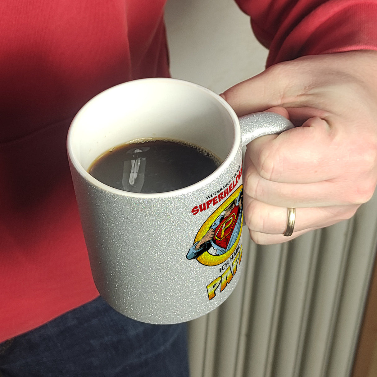 Kaffeebecher Comic mit Spruch - Wer braucht schon Superhelden? Ich habe Papa