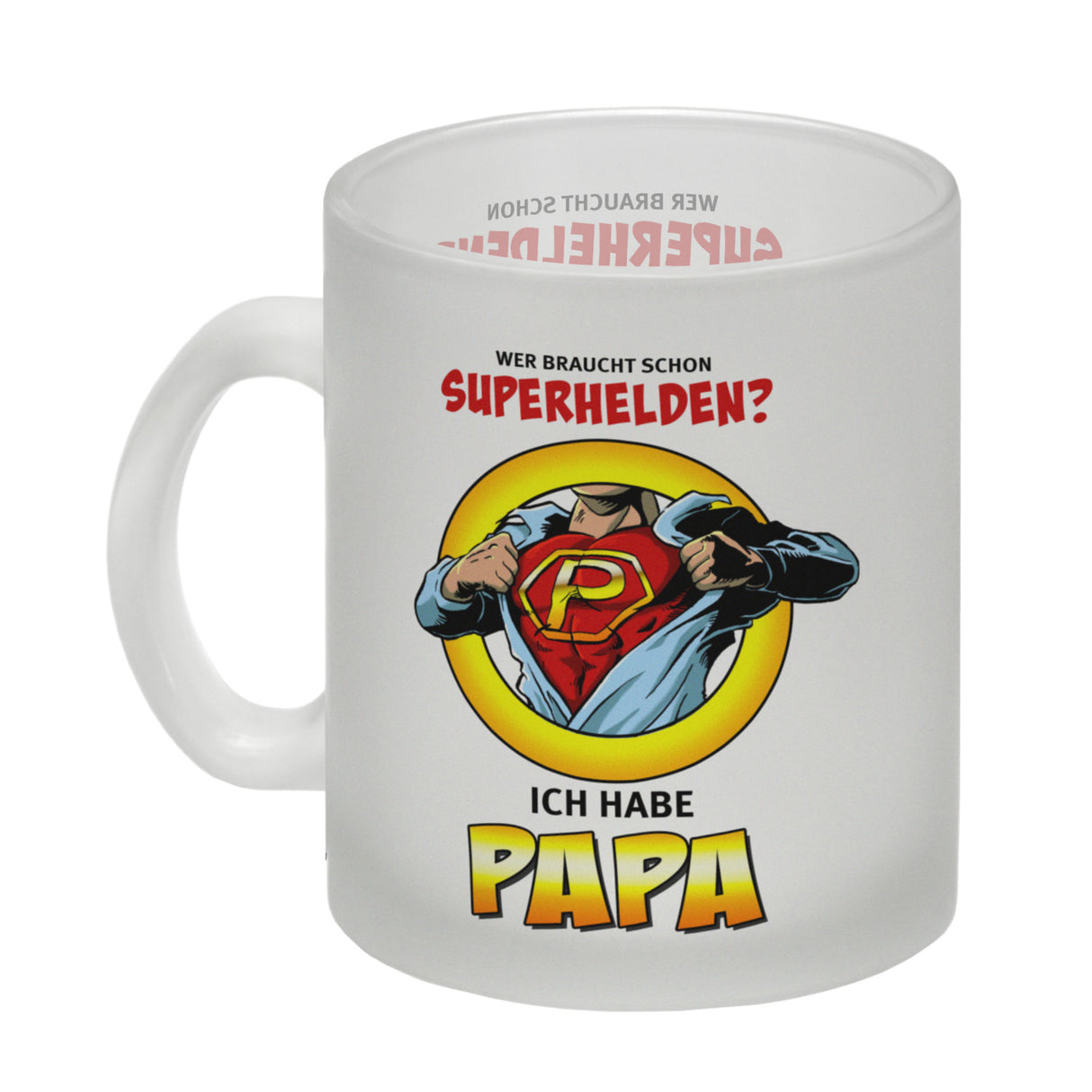 Kaffeebecher Comic mit Spruch - Wer braucht schon Superhelden? Ich habe Papa