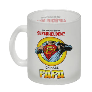 Kaffeebecher Comic mit Spruch - Wer braucht schon Superhelden? Ich habe Papa