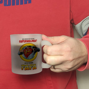 Kaffeebecher Comic mit Spruch - Wer braucht schon Superhelden? Ich habe Papa