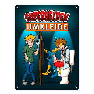 Metallschild mit lustigem Comic-Design für Toiletten - Superhelden-Umkleide