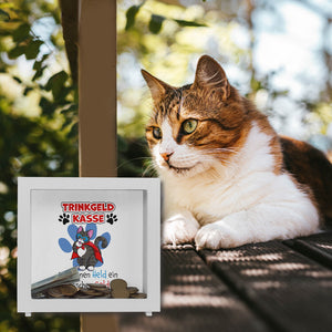 Spardose für Trinkgeld mit Katze und Spruch: Für deinen Held ein bisschen Geld