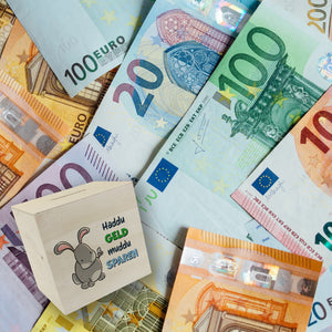 Spardose mit Hasenmotiv und lustigem Spruch - Haddu Geld muddu sparen