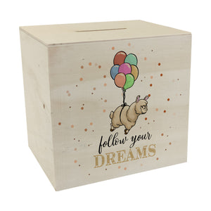 Spardose mit niedlichem Lama-Motiv und Spruch - Follow your dreams