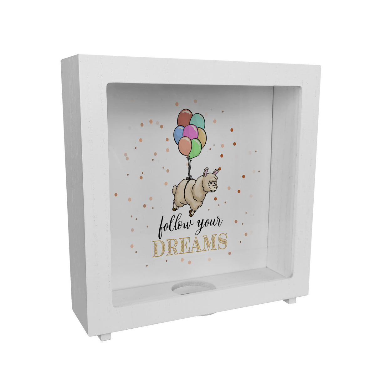 Spardose mit niedlichem Lama-Motiv und Spruch - Follow your dreams