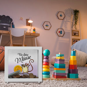 Spardose für Kinder mit süßer Maus und Münze sowie Spruch - Für deine Mäuse