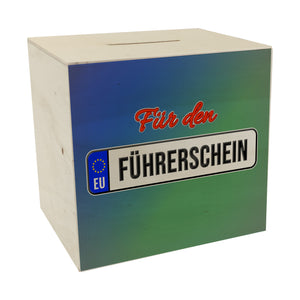 Spardose aus Keramik mit Spruch: Für den Führerschein mit Kennzeichenmotiv