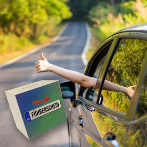 Spardose aus Keramik mit Spruch: Für den Führerschein mit Kennzeichenmotiv