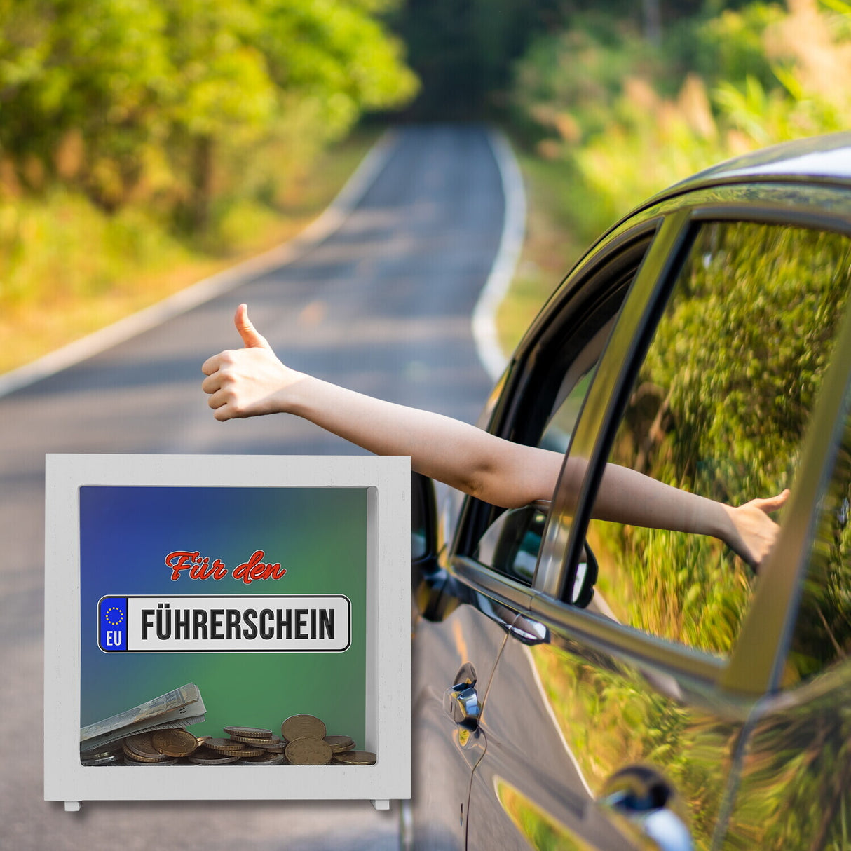 Spardose aus Keramik mit Spruch: Für den Führerschein mit Kennzeichenmotiv