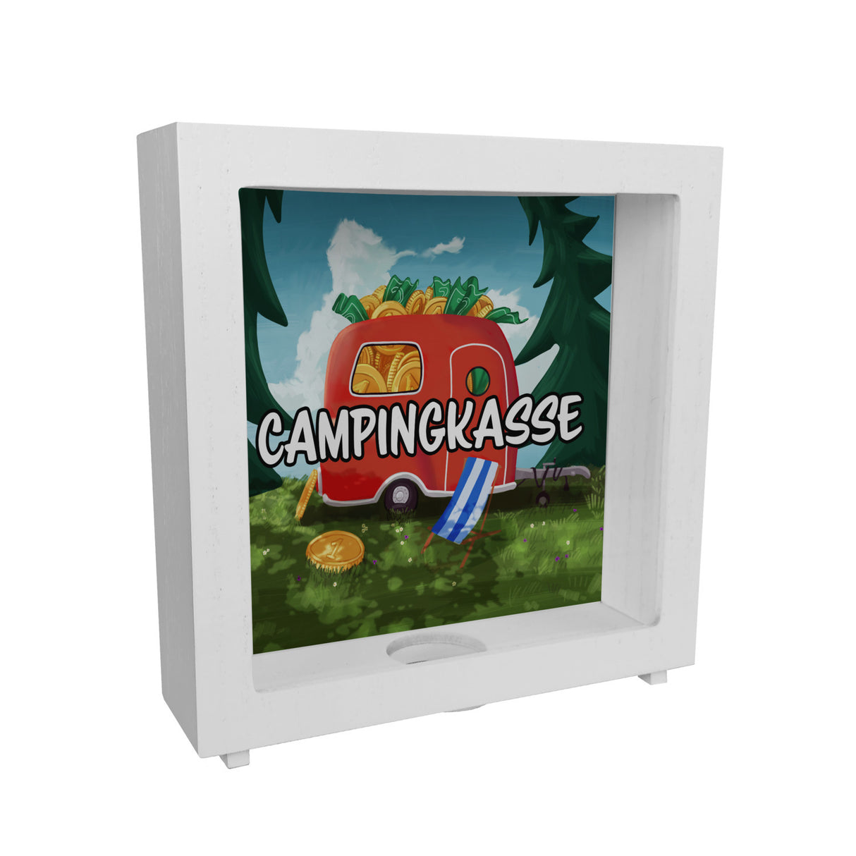 Spardose aus Keramik mit Camper Motiv und Text - Wohnwagen im Wald Campingkasse