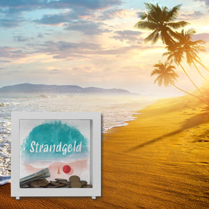 Spardose aus Keramik mit Strand Motiv und Text - Strand und Meer Strandgeld