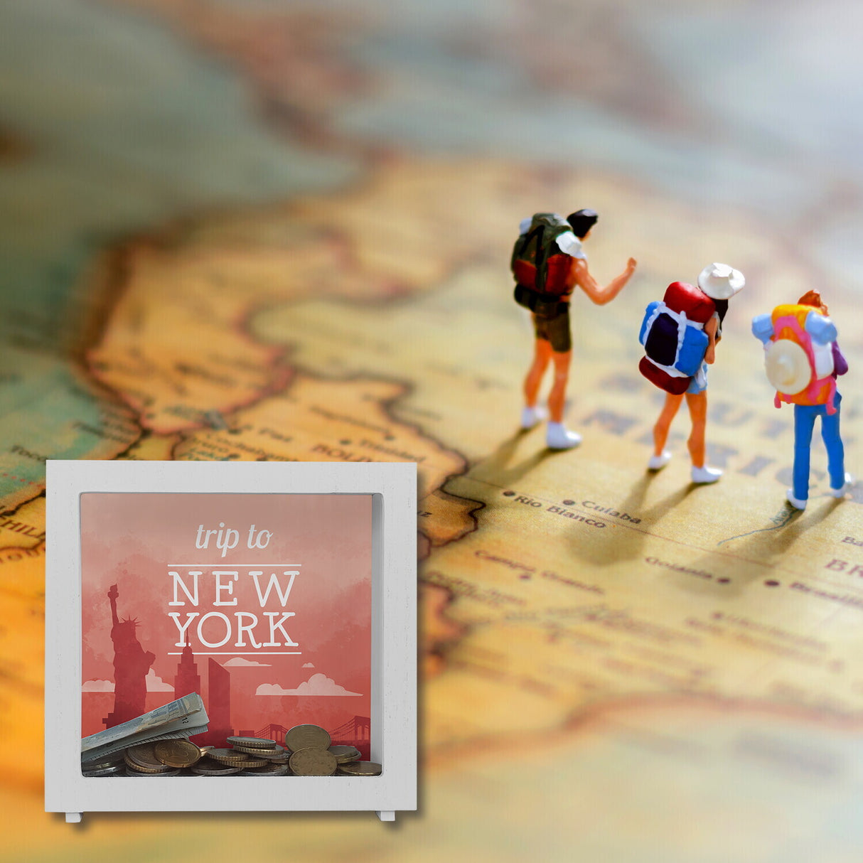 Spardose mit schönem Motiv und Text - Trip to New York in rot
