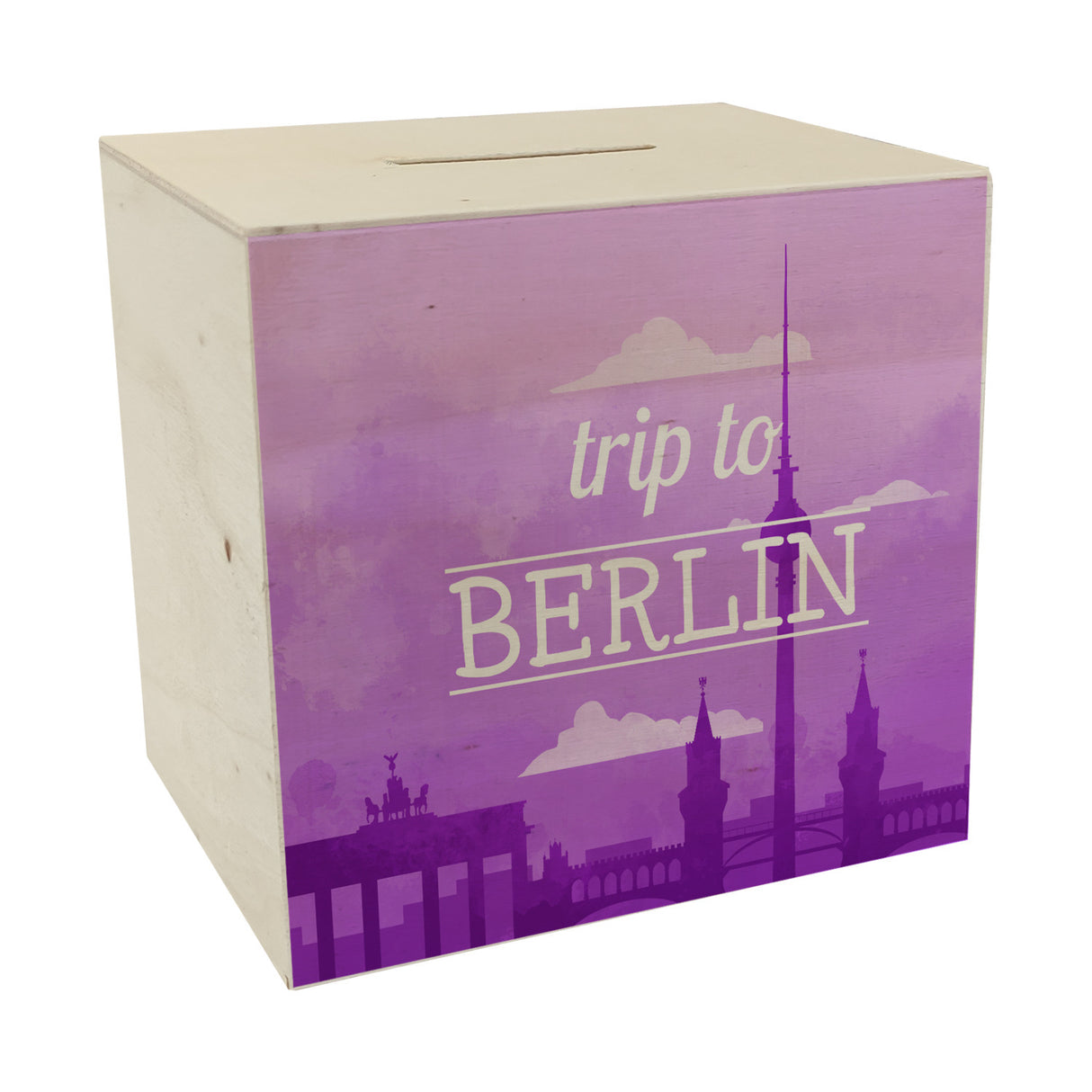 Spardose mit schönem Motiv und Text - Trip to Berlin in lila