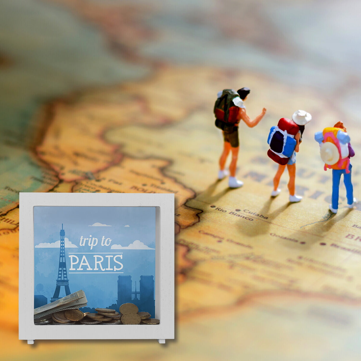 Spardose mit schönem Motiv und Text - Trip to Paris