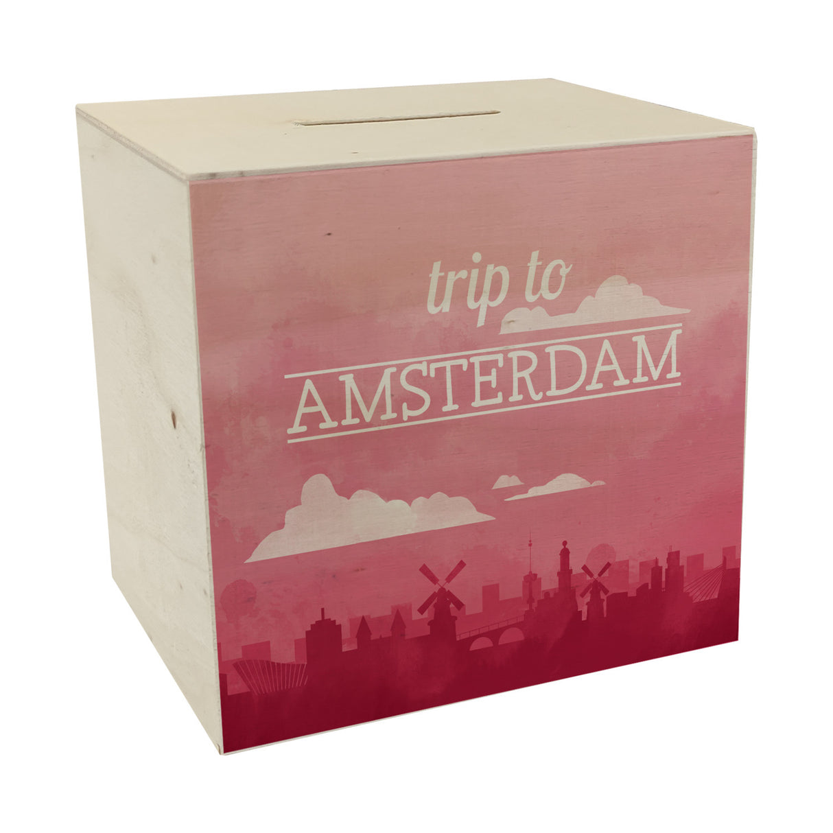 Spardose mit schönem Motiv und Text - Trip to Amsterdam