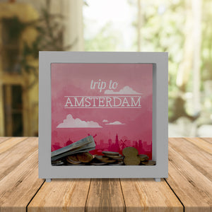 Spardose mit schönem Motiv und Text - Trip to Amsterdam