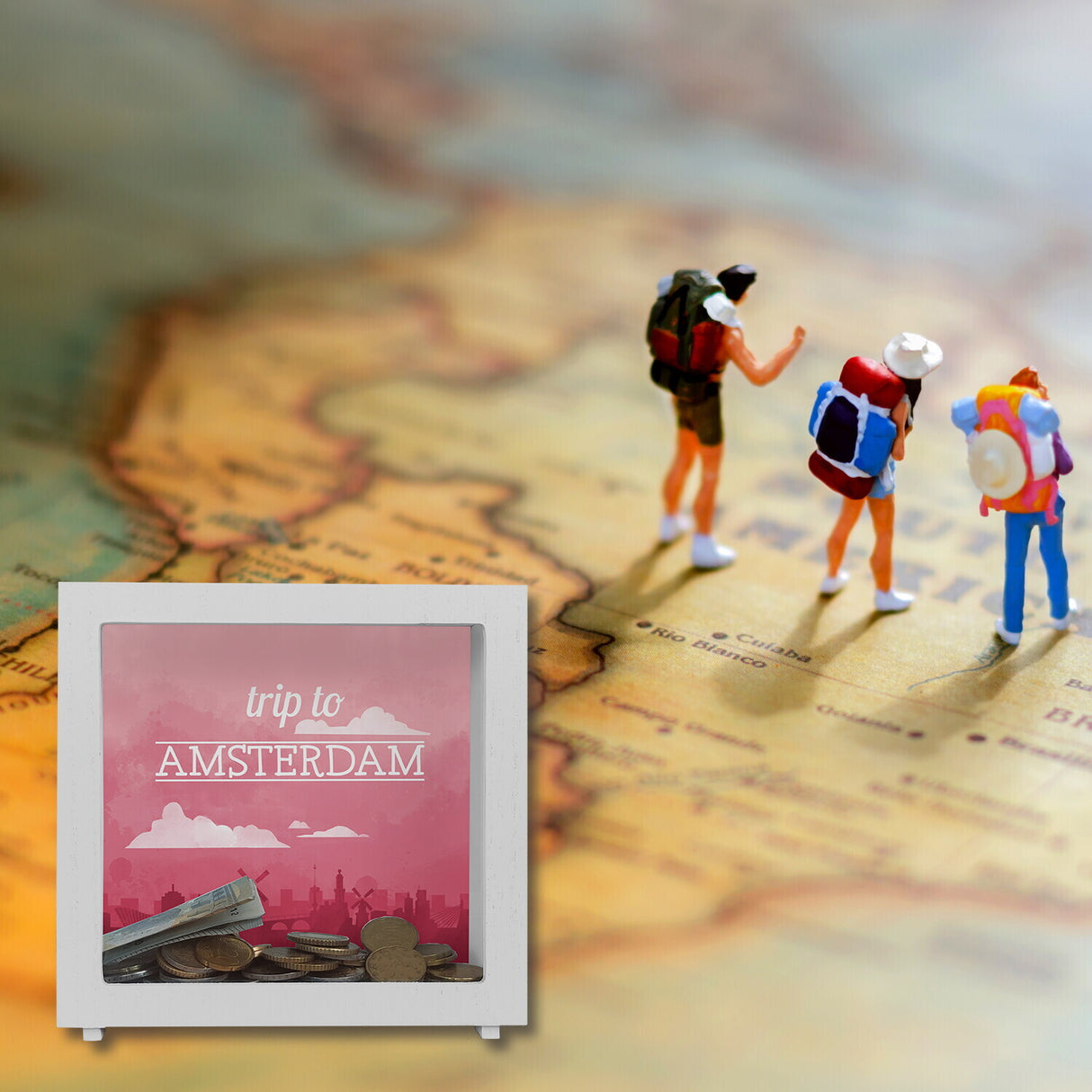 Spardose mit schönem Motiv und Text - Trip to Amsterdam
