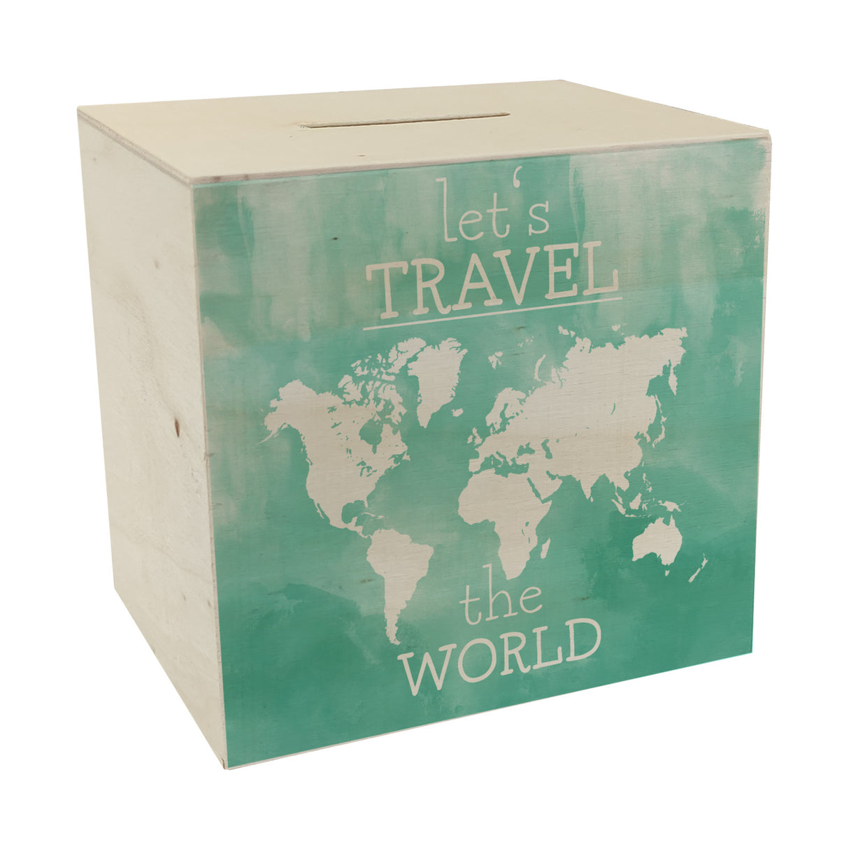 Spardose mit Weltkarten Motiv und Text - let's travel the world in Türkis