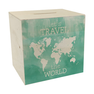 Spardose mit Weltkarten Motiv und Text - let's travel the world in Türkis