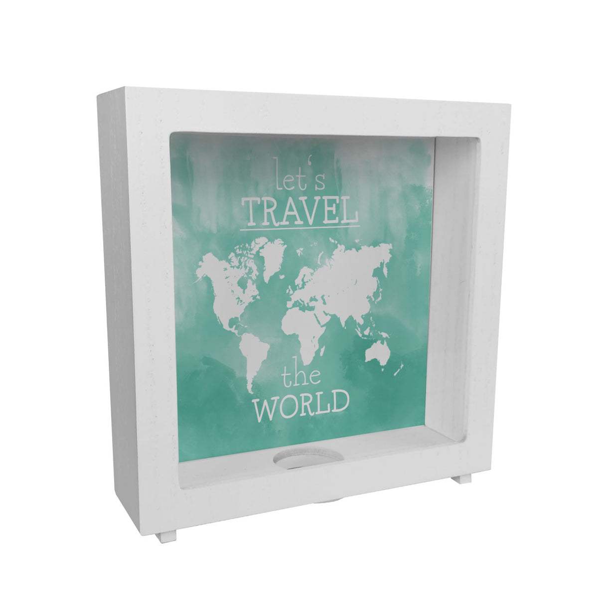 Spardose mit Weltkarten Motiv und Text - let's travel the world in Türkis