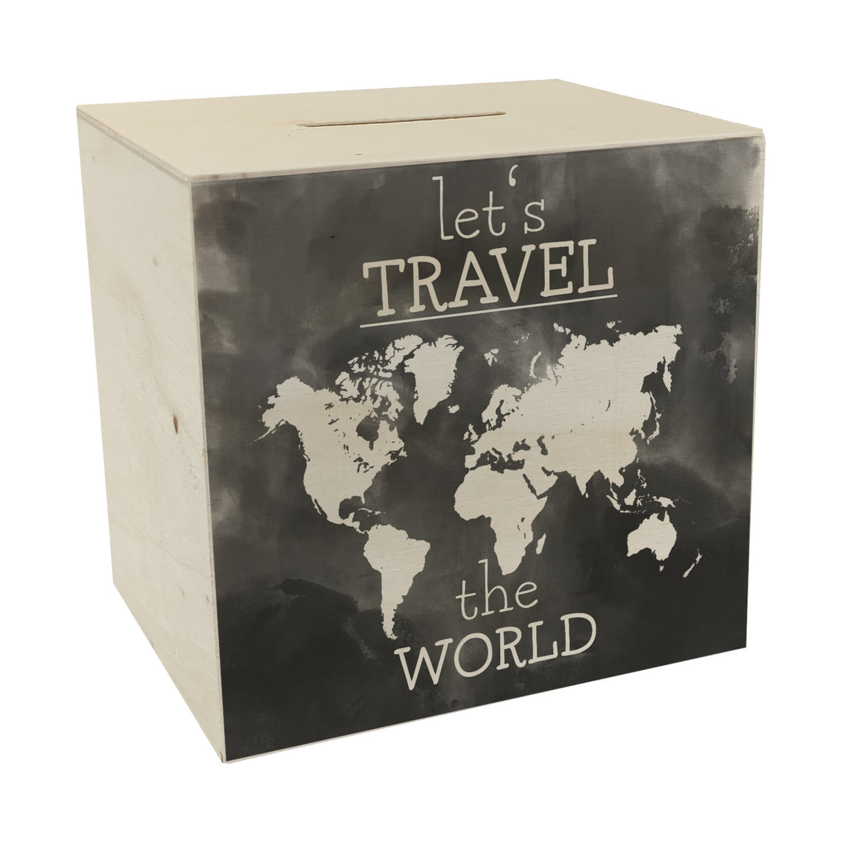 Spardose mit Weltkarten Motiv und Text - let's travel the world