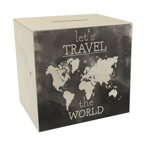 Spardose mit Weltkarten Motiv und Text - let's travel the world