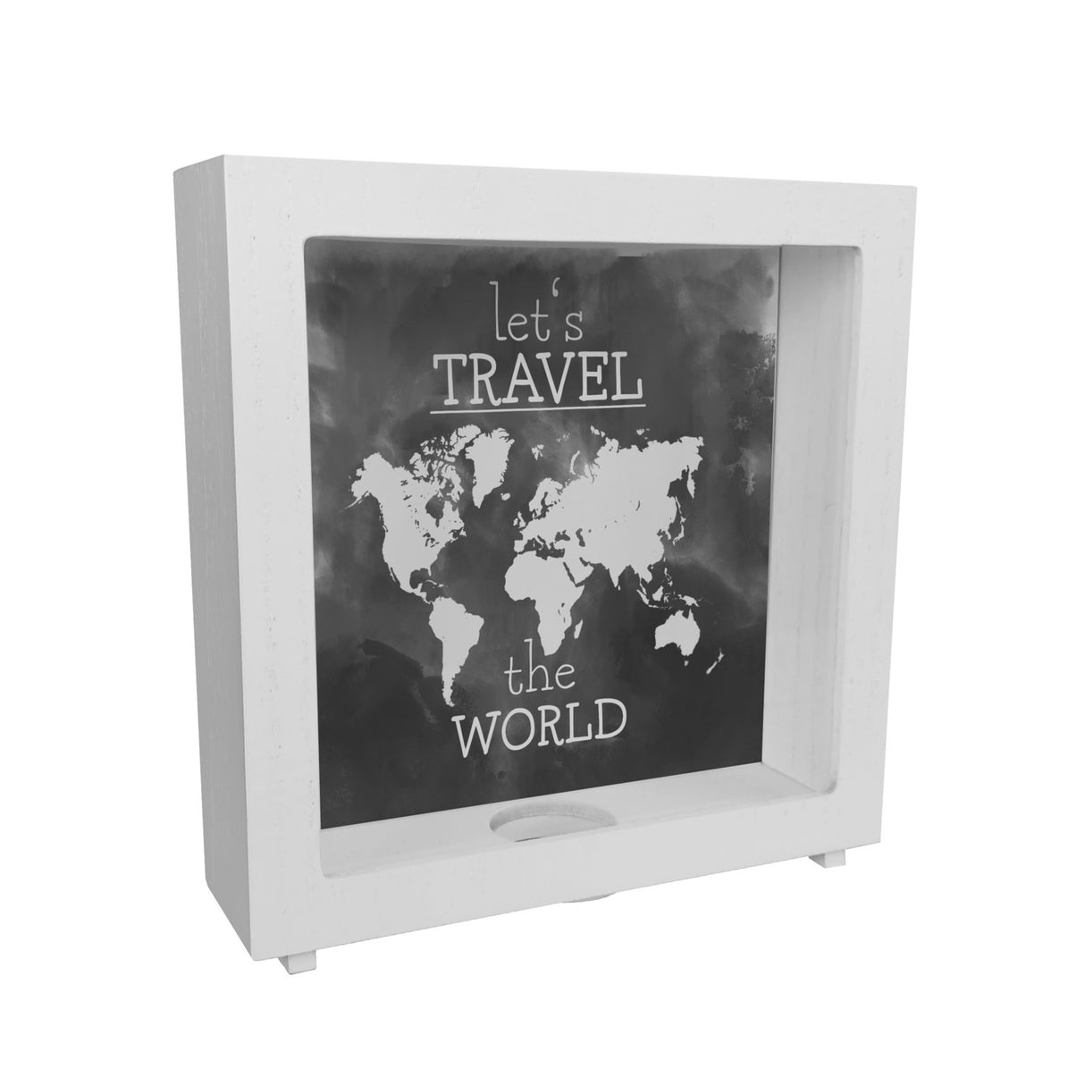 Spardose mit Weltkarten Motiv und Text - let's travel the world