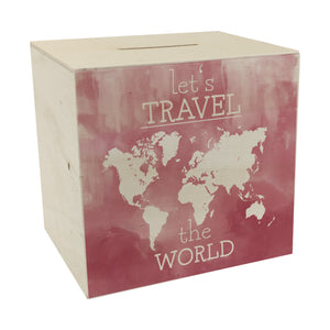 Spardose mit Weltkarten Motiv und Text - let's travel the world