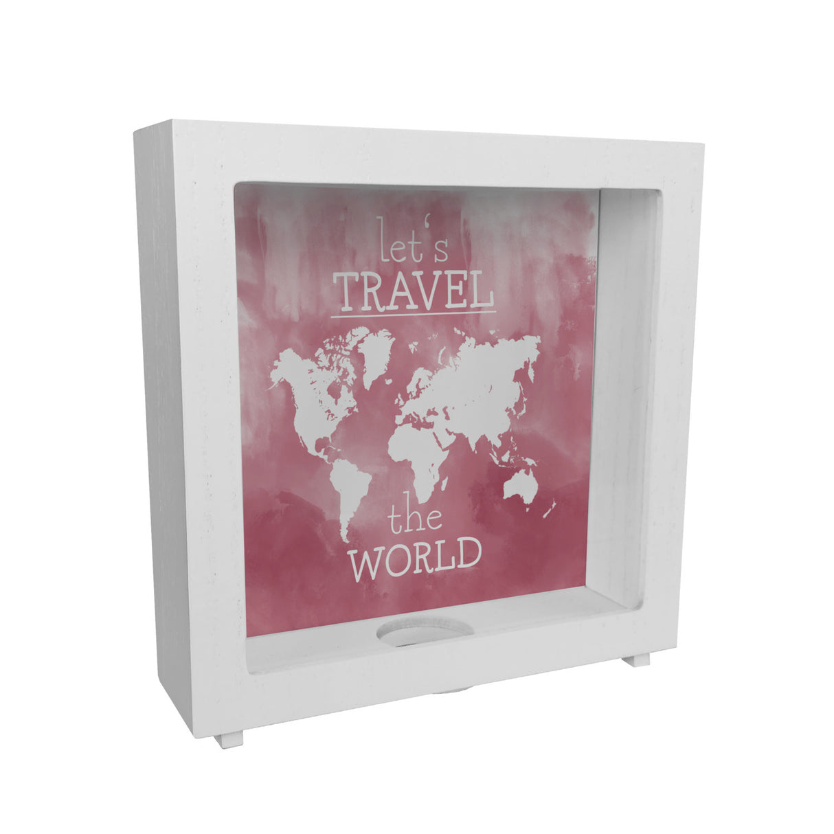 Spardose mit Weltkarten Motiv und Text - let's travel the world
