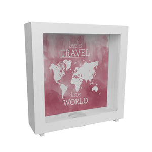 Spardose mit Weltkarten Motiv und Text - let's travel the world