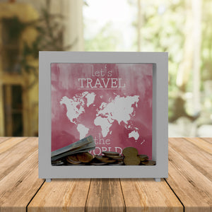 Spardose mit Weltkarten Motiv und Text - let's travel the world