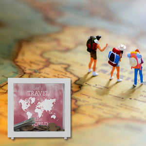 Spardose mit Weltkarten Motiv und Text - let's travel the world