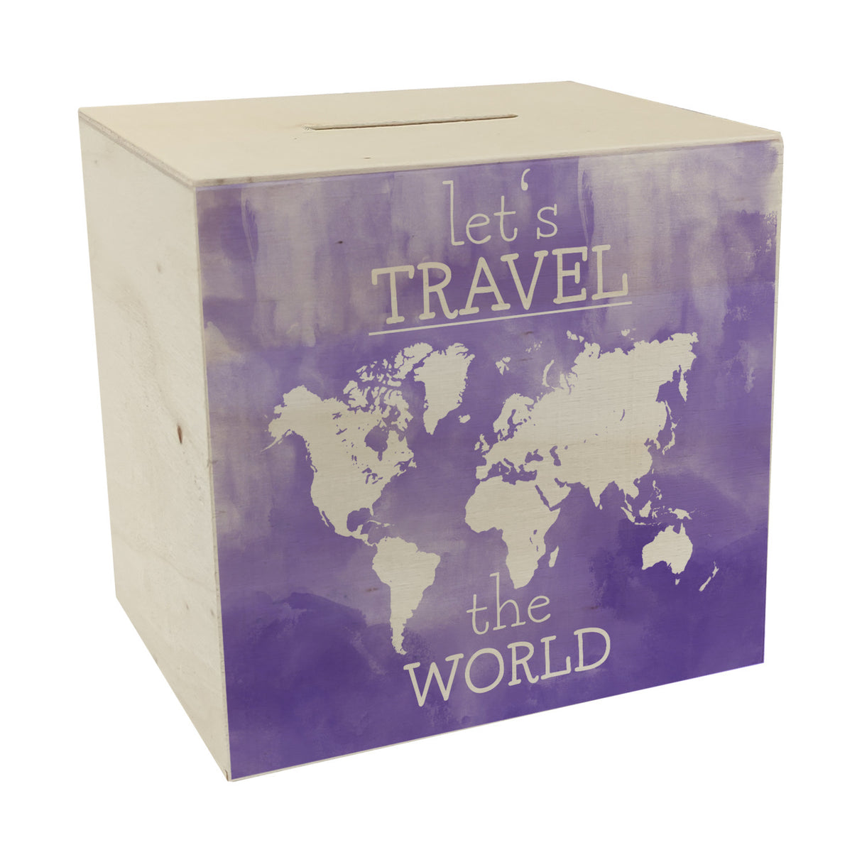 Spardose mit Weltkarten Motiv und Text - let's travel the world in Lila