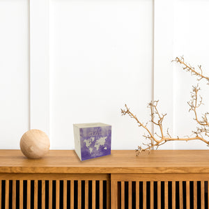 Spardose mit Weltkarten Motiv und Text - let's travel the world in Lila