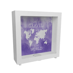 Spardose mit Weltkarten Motiv und Text - let's travel the world in Lila