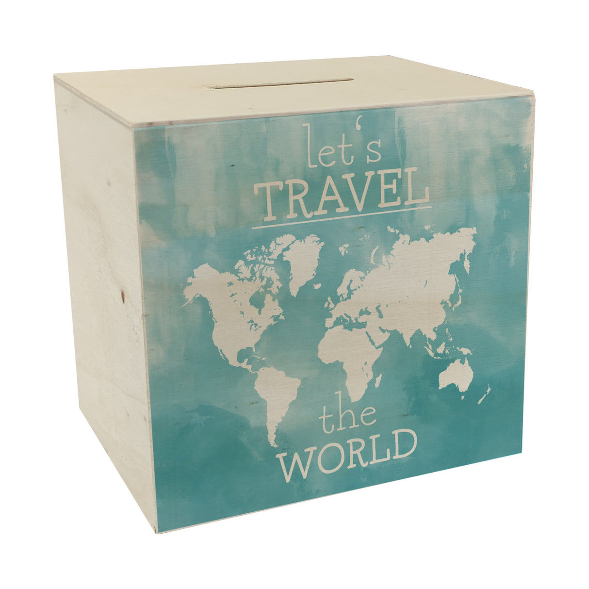 Spardose mit Weltkarten Motiv und Text - let's travel the world