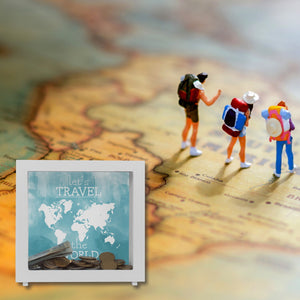 Spardose mit Weltkarten Motiv und Text - let's travel the world