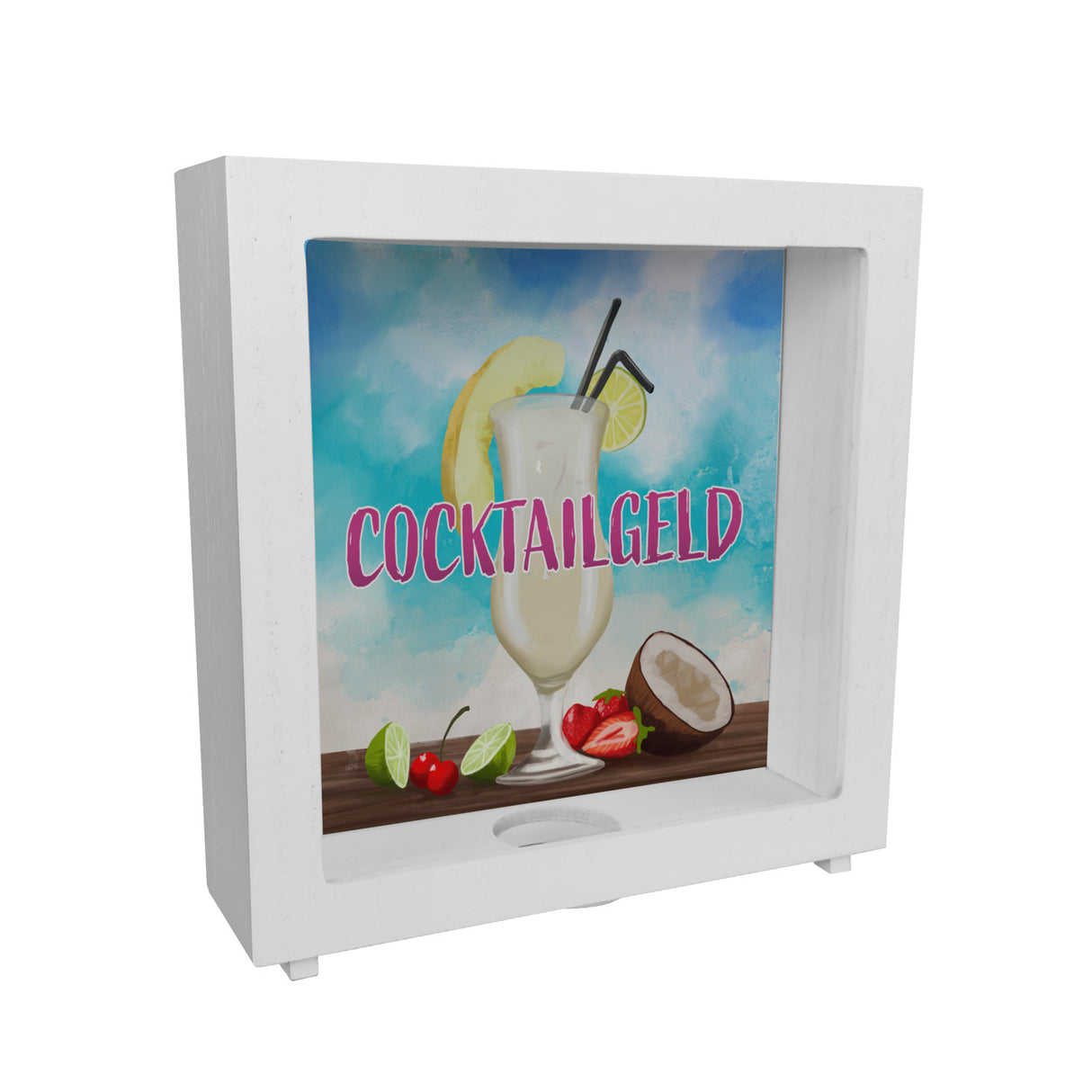 Spardose mit Pina Colada im Glas und blauen Wasserfarben - Cocktailgeld