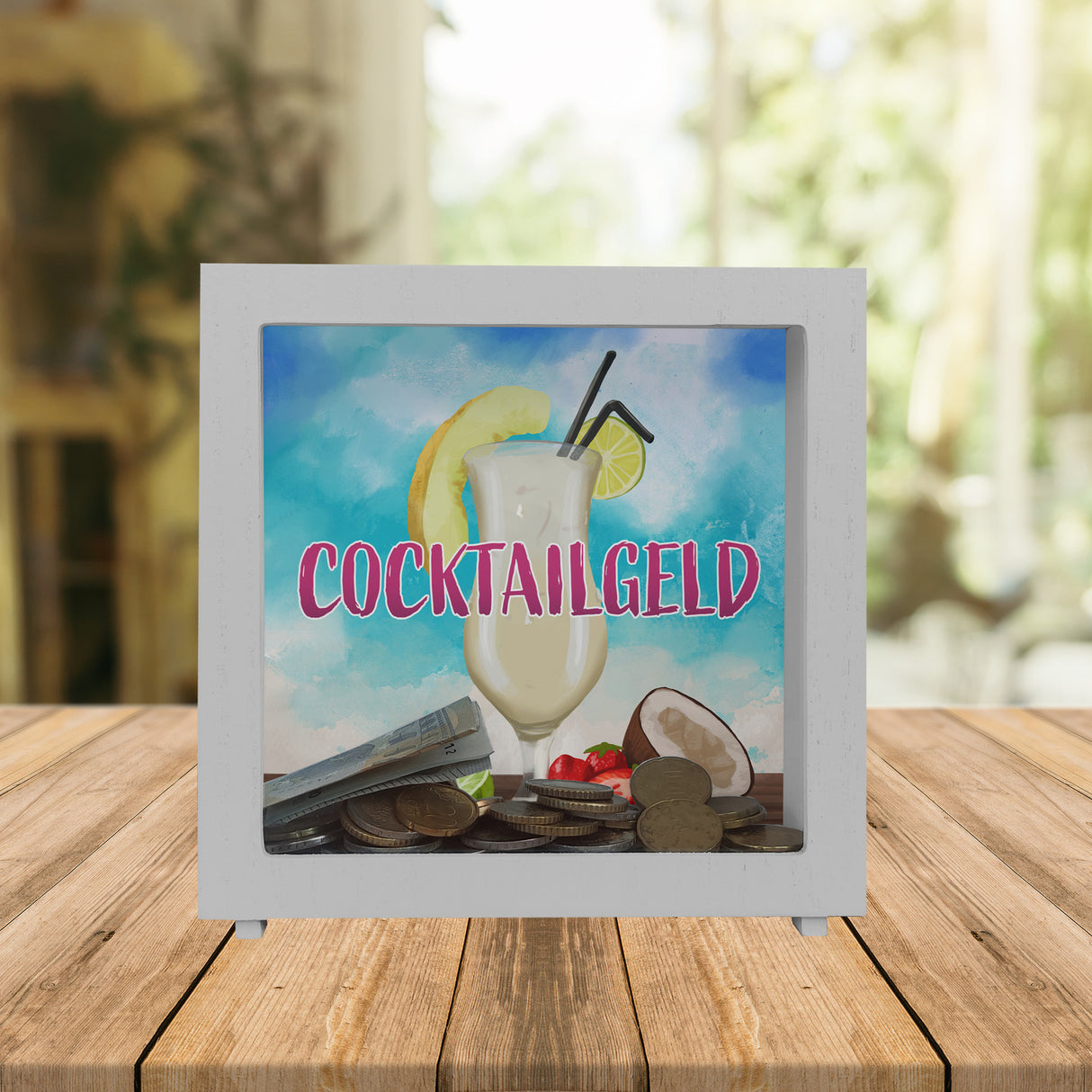 Spardose mit Pina Colada im Glas und blauen Wasserfarben - Cocktailgeld