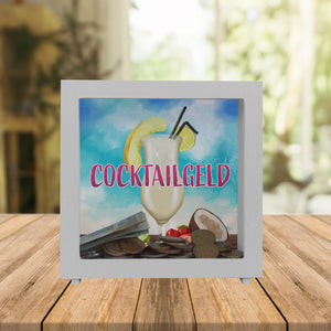 Spardose mit Pina Colada im Glas und blauen Wasserfarben - Cocktailgeld