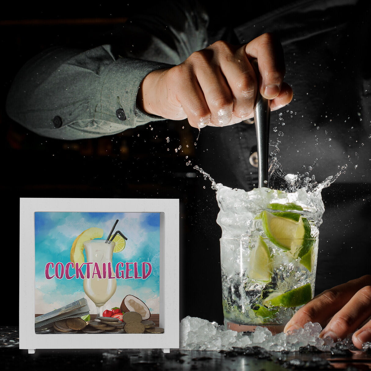 Spardose mit Pina Colada im Glas und blauen Wasserfarben - Cocktailgeld