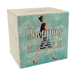 Spardose aus Keramik mit Diva Motiv vor blauem Hintergrund - Shopping Kasse