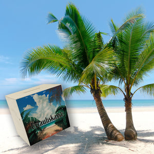 Spardose aus Keramik mit sommerlichem Strandmotiv und Palmen - Urlaubskasse