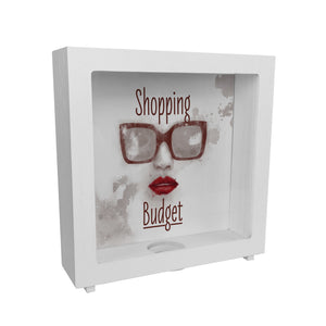 Spardose aus Keramik mit coolem Sonnenbrillenmotiv und Spruch - Shopping Budget