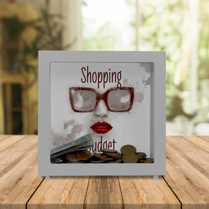 Spardose aus Keramik mit coolem Sonnenbrillenmotiv und Spruch - Shopping Budget